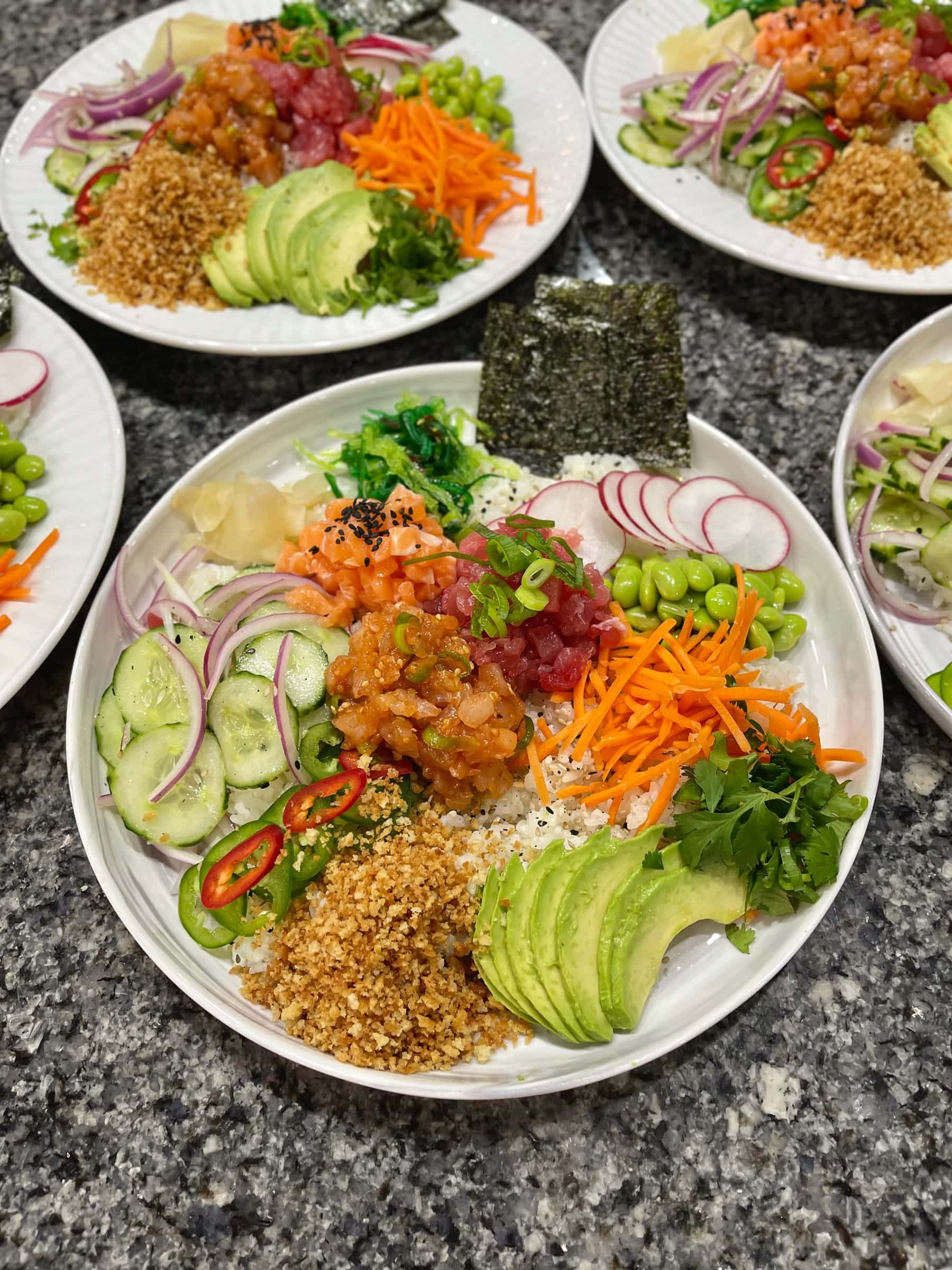 Ahi poke bowl with avocado, edamame, and chili