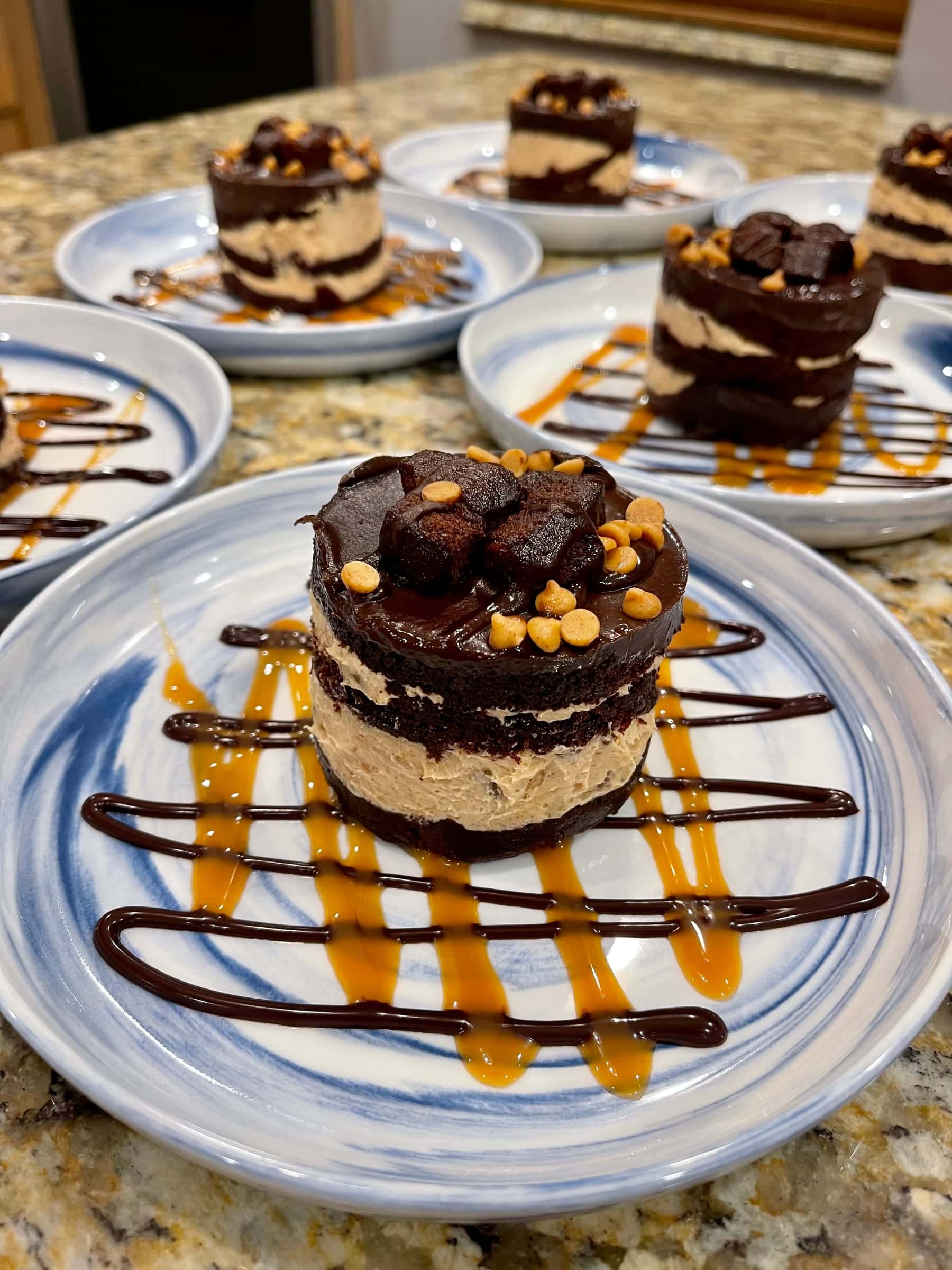 Chocolate dessert stack with caramel drizzle