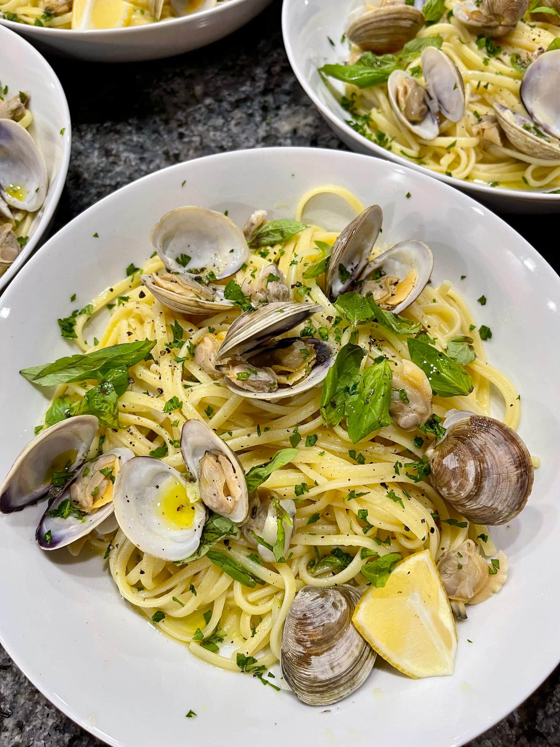 Linguine with littleneck clams, basil, and lemon