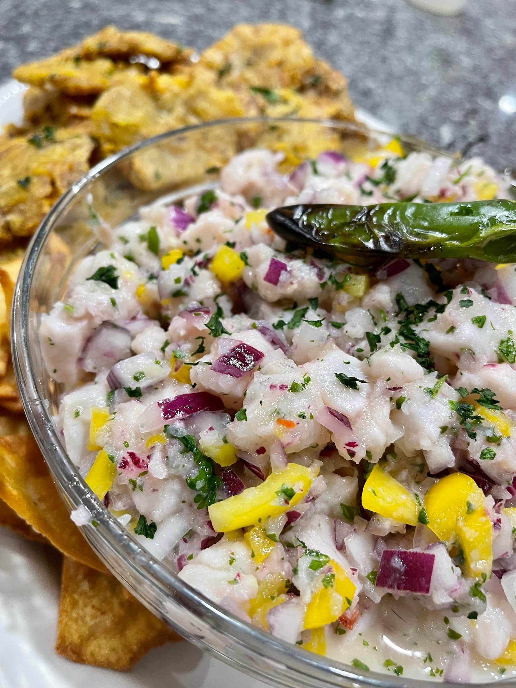 Ceviche with mango, red onion, and charred serrano