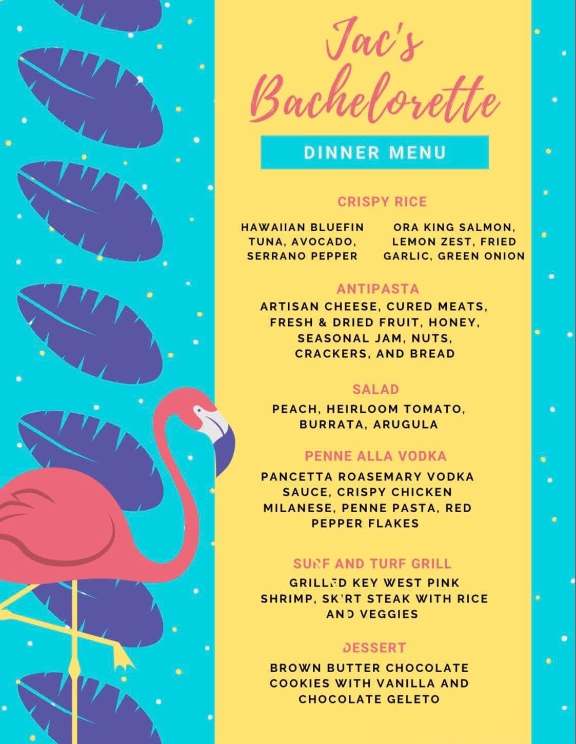 Bachelorette party sample menu