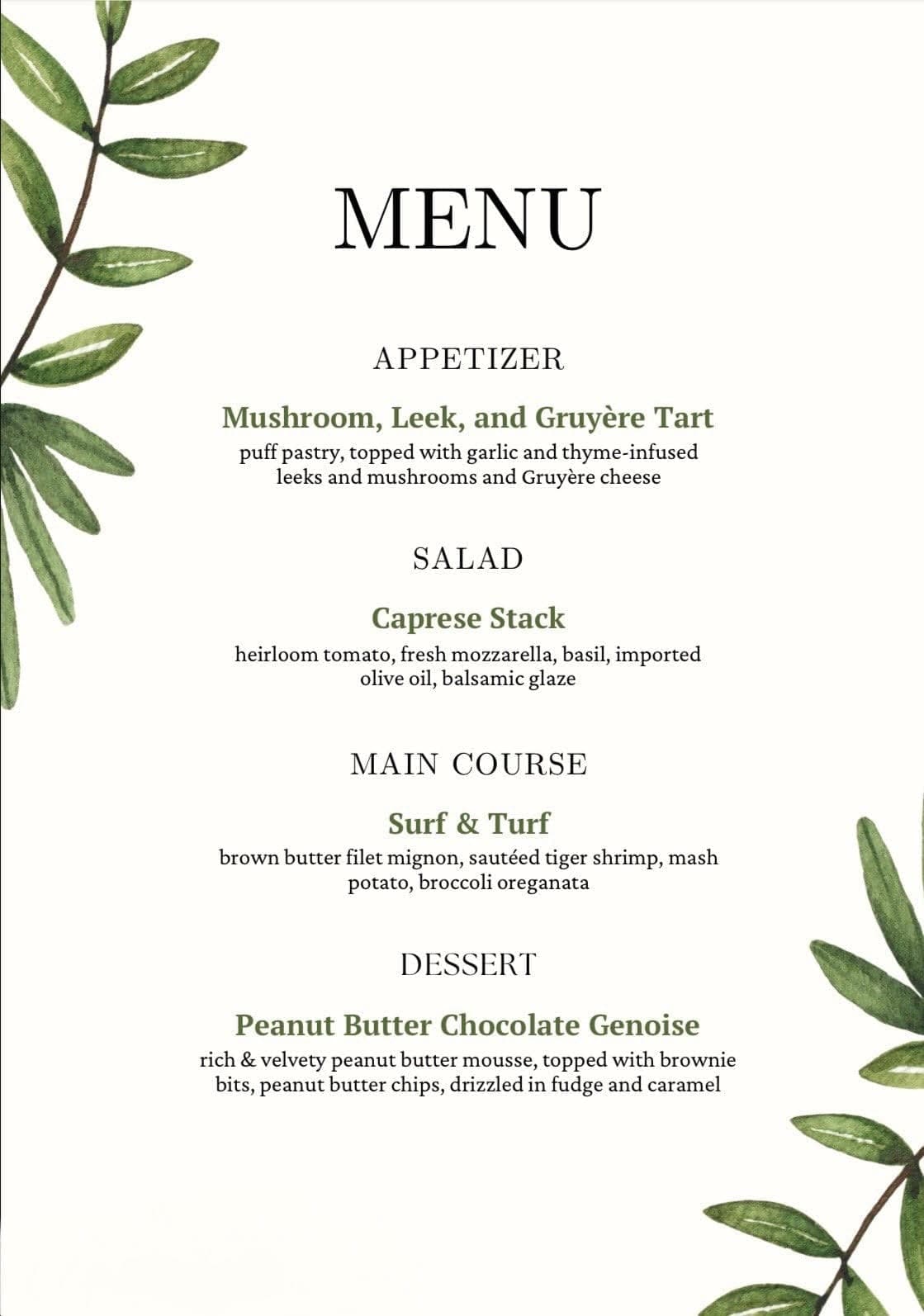 Made You Hungry sample menu — appetizer, salad, main course, dessert